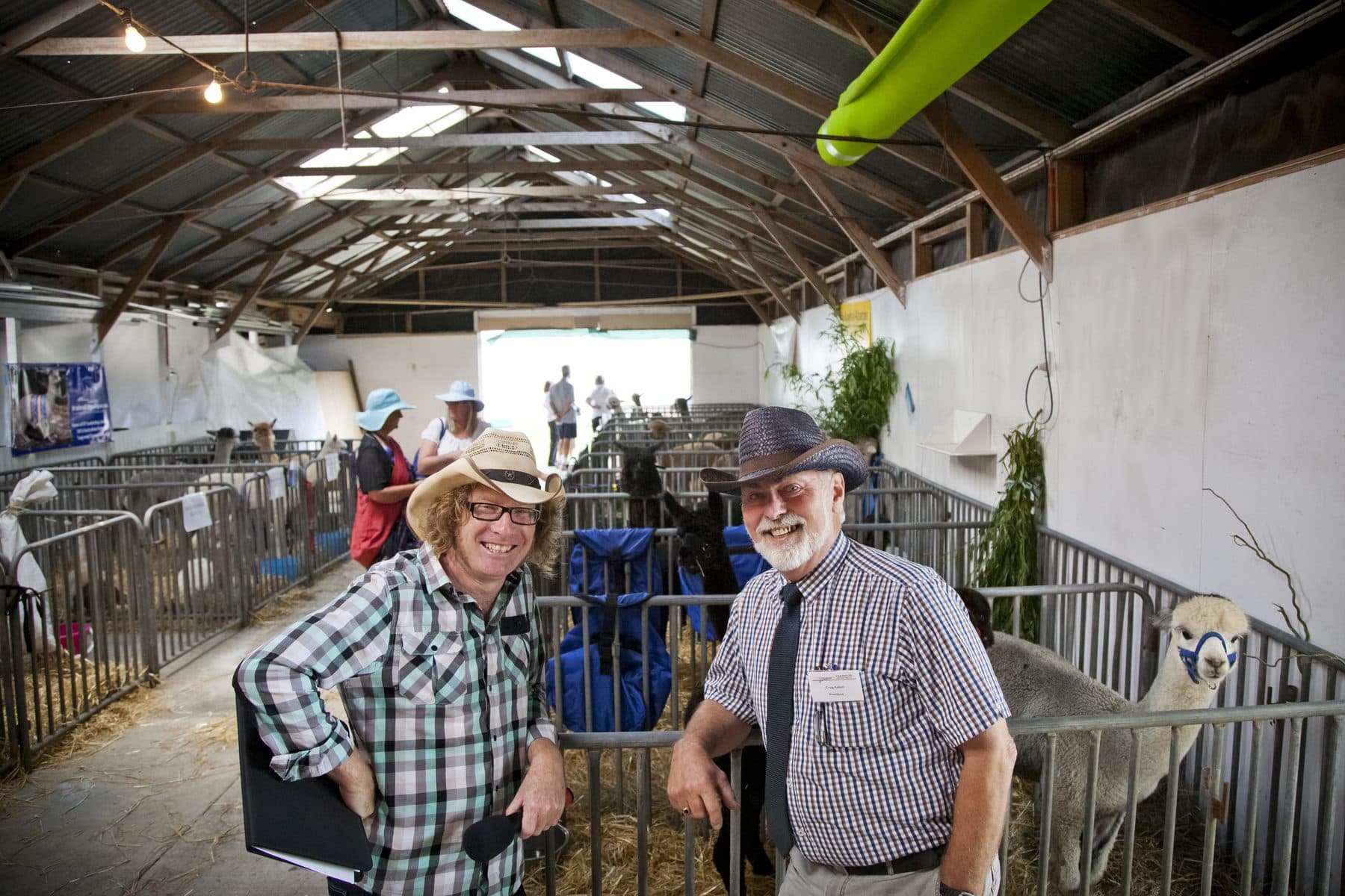 Two people smiling beside the alpaca pens at an A and P show.
